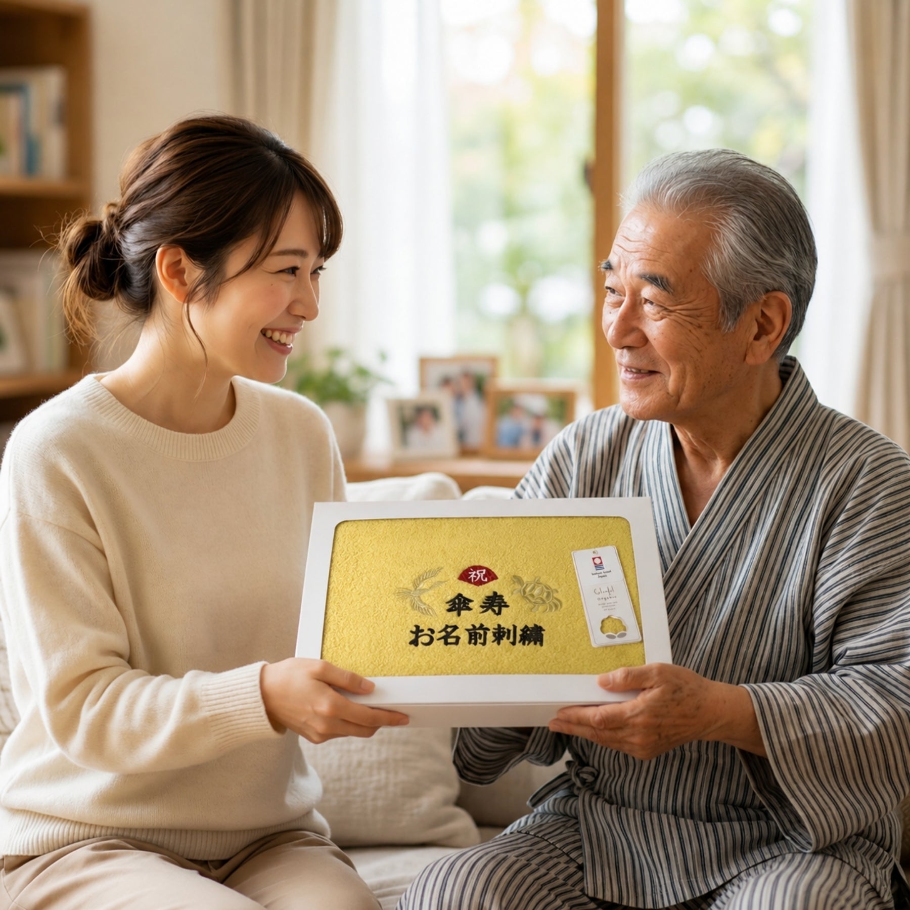 名入れ刺繍付き 長寿のお祝い 今治タオル オーガニック フェイスタオル (80傘寿（イエロー）)